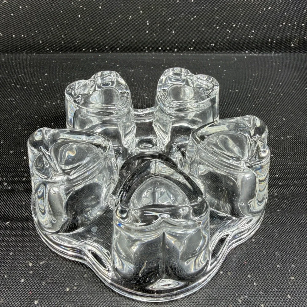 Vintage Clear Glass Heart Flower Votive Candle Holder 5 Well Trinket Dish 5in